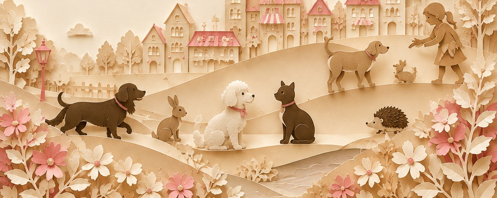 切り絵で表現したPET TOWNの街並みと、丘を歩く犬・うさぎ・猫・ハリネズミ・アヒルたち
