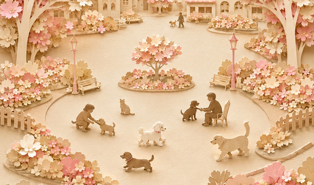 切り絵で表現したPET TOWNの広場。街灯とベンチの並ぶ道を囲むように、子どもや高齢の方が犬や猫と自然にふれあっている。